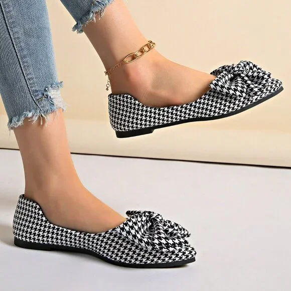 Black And White Casual Women's Loafers with Plaid Bow - Picture 7 of 8